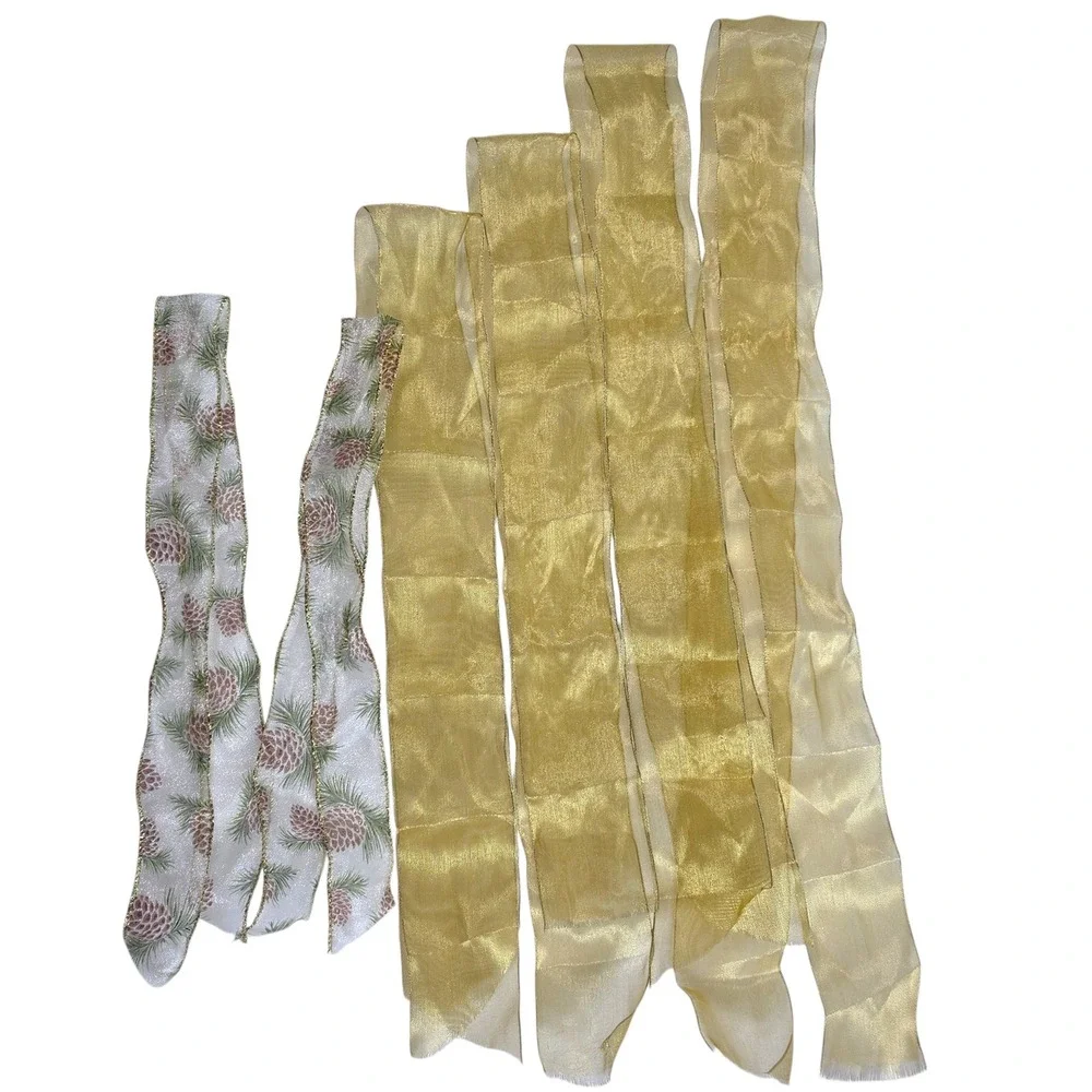 Kirkland Signature Gold Pinecone Ribbon Lot 38 Yds Wire Edged Sheer Christmas
